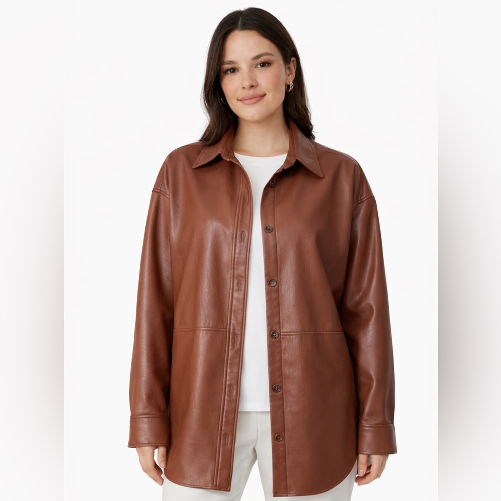 Aritzia Babaton Pelli Shirt Jacket UnReal Leather Brown Oversized Shacket Small